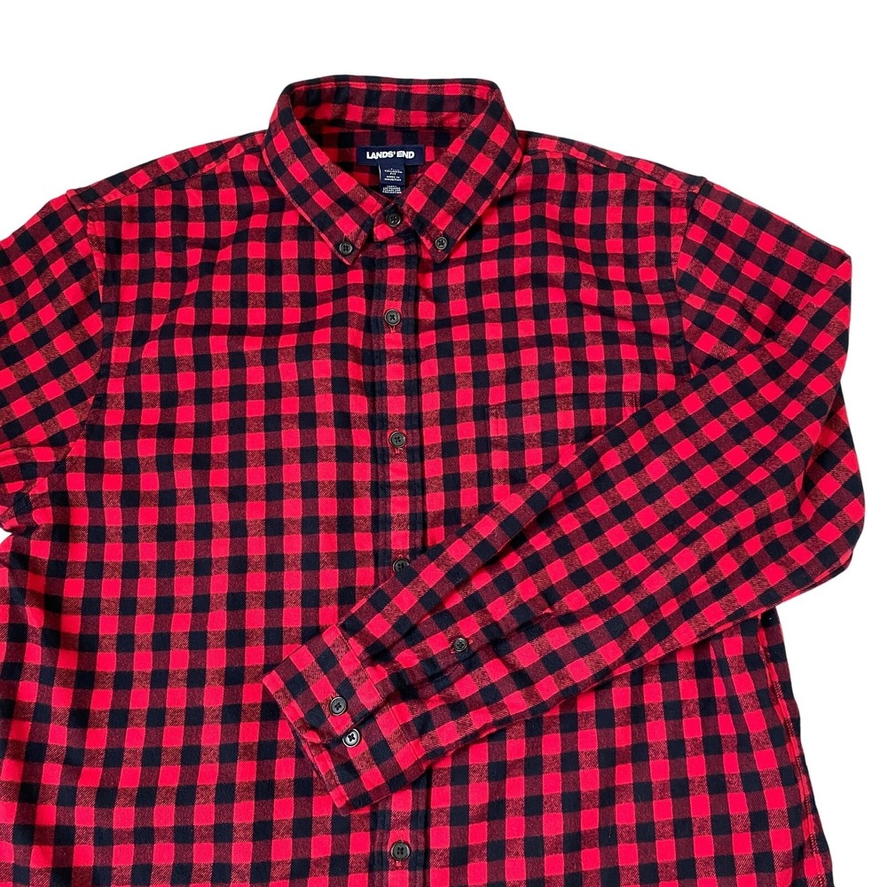 Lands End Flannel Shirt Mens L Red Black Buffalo Plaid 100% Cotton Tailored Fit